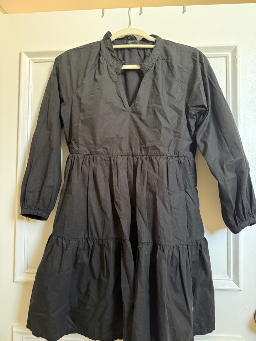 J Crew Black Tiered Poplin V-Neck Dress